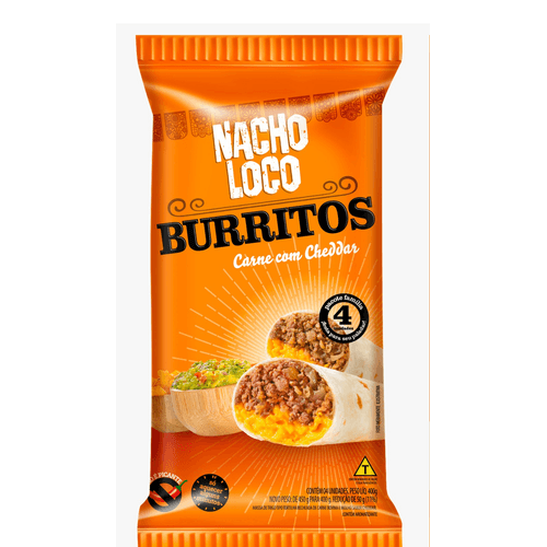 Massa-de-Trigo-Tipo-Tortilha-Burrito-Recheio-de-Carne-Bovina-com-Molho-Cheddar-Nacho-Loco-Pacote-400g-4-Unidades