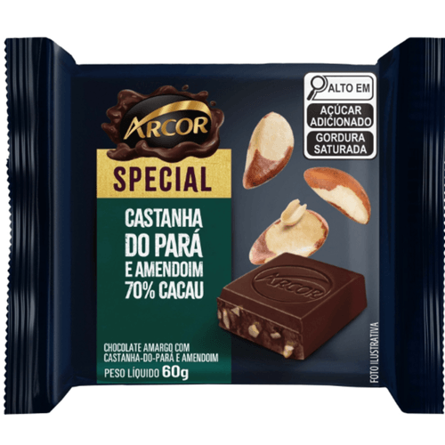 Chocolate-Amargo-70--Cacau-com-Castanha-do-Para-e-Amendoim-Arcor-Special-Pacote-60g