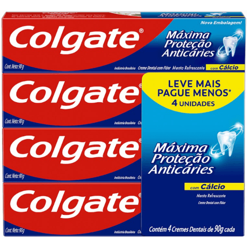 Creme-Dental-com-Fluor-e-Calcio-Menta-Refrescante-Colgate-Maxima-Protecao-Anticaries-Caixa-4-Unidades-90g-Cada-Leve-Mais-Pague-Menos