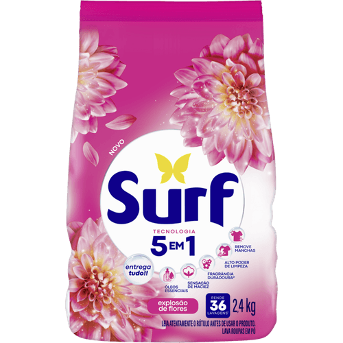 Sanitizante-Lava-Roupas-em-Po-5-em-1-Rosas-e-Flor-de-Lis-Surf-Pacote-24kg-Embalagem-Economica