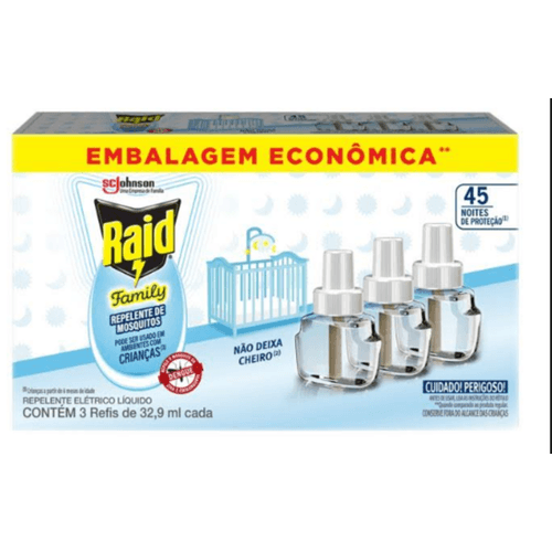 Repelente-Liquido-Eletrico-45-Noites-sem-Perfume-Raid-Family-Caixa-3-Unidades-329ml-Cada-Embalagem-Economica Repelente-Liquido-Eletrico-45-Noites-sem-Perfume-Raid-Family-Caixa-3-Unidades-329ml-Cada-Embalagem-Economica