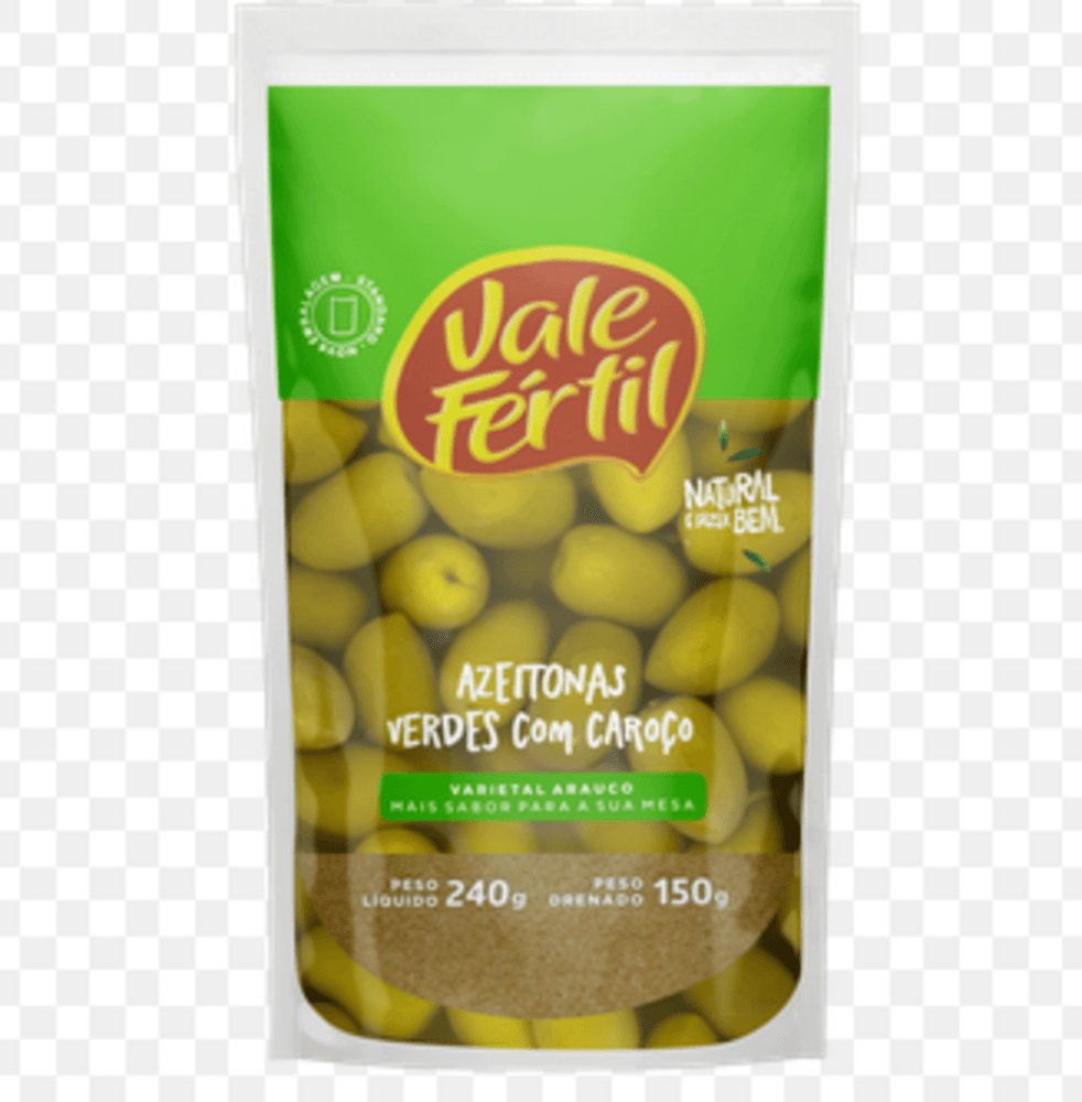 Azeitona Verde em Conserva Varietal Arauco com Caroço Vale Fértil Sachê Peso Líquido 240g Peso Drenado 150g