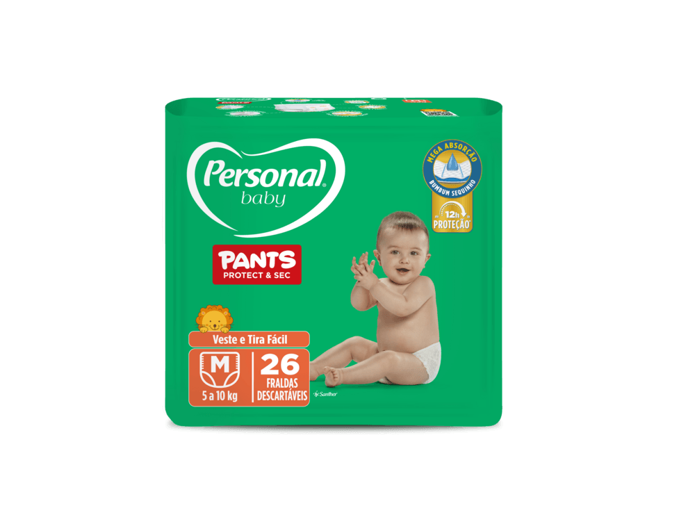 FRALDA PERSONAL BABY PANTS PROTECT & SEC MEGA ABSORÇÃO ATÉ 12HORAS DE PROTEÇÃO VESTE E TIRA FACIL M 26 UNIDADES