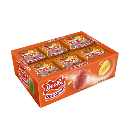 Bala-de-Goma-Frutas-Sortidas-Abacaxi-Limao-Laranja-Morango-ou-Uva-Docile-Docigoma-Caixa-432g-24-Unidades-de-18g-Cada Bala-de-Goma-Frutas-Sortidas-Abacaxi-Limao-Laranja-Morango-ou-Uva-Docile-Docigoma-Caixa-432g-24-Unidades-de-18g-Cada