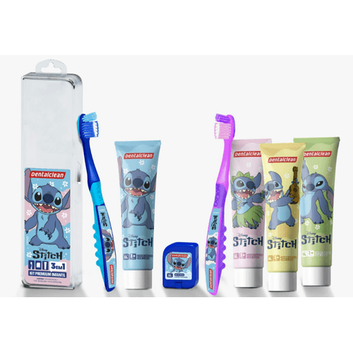 KIT-ESCOVA-DENTAL-MACIA-FIO-DENTAL-MIX-DE-FRUTAS-20M-GEL-DENTAL-COM-FLUOR-MORANGO-50G-INFANTIL-STITCH-DENTALCLEAN-PREMIUM KIT-ESCOVA-DENTAL-MACIA-FIO-DENTAL-MIX-DE-FRUTAS-20M-GEL-DENTAL-COM-FLUOR-MORANGO-50G-INFANTIL-STITCH-DENTALCLEAN-PREMIUM