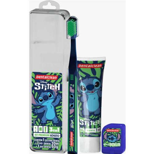 KIT-ESCOVA-DENTAL-MACIA-FIO-DENTAL-GEL-DENTAL-50G-ADULTO-MENTA-STITCH-DENTALCLEAN-PREMIUM KIT-ESCOVA-DENTAL-MACIA-FIO-DENTAL-GEL-DENTAL-50G-ADULTO-MENTA-STITCH-DENTALCLEAN-PREMIUM