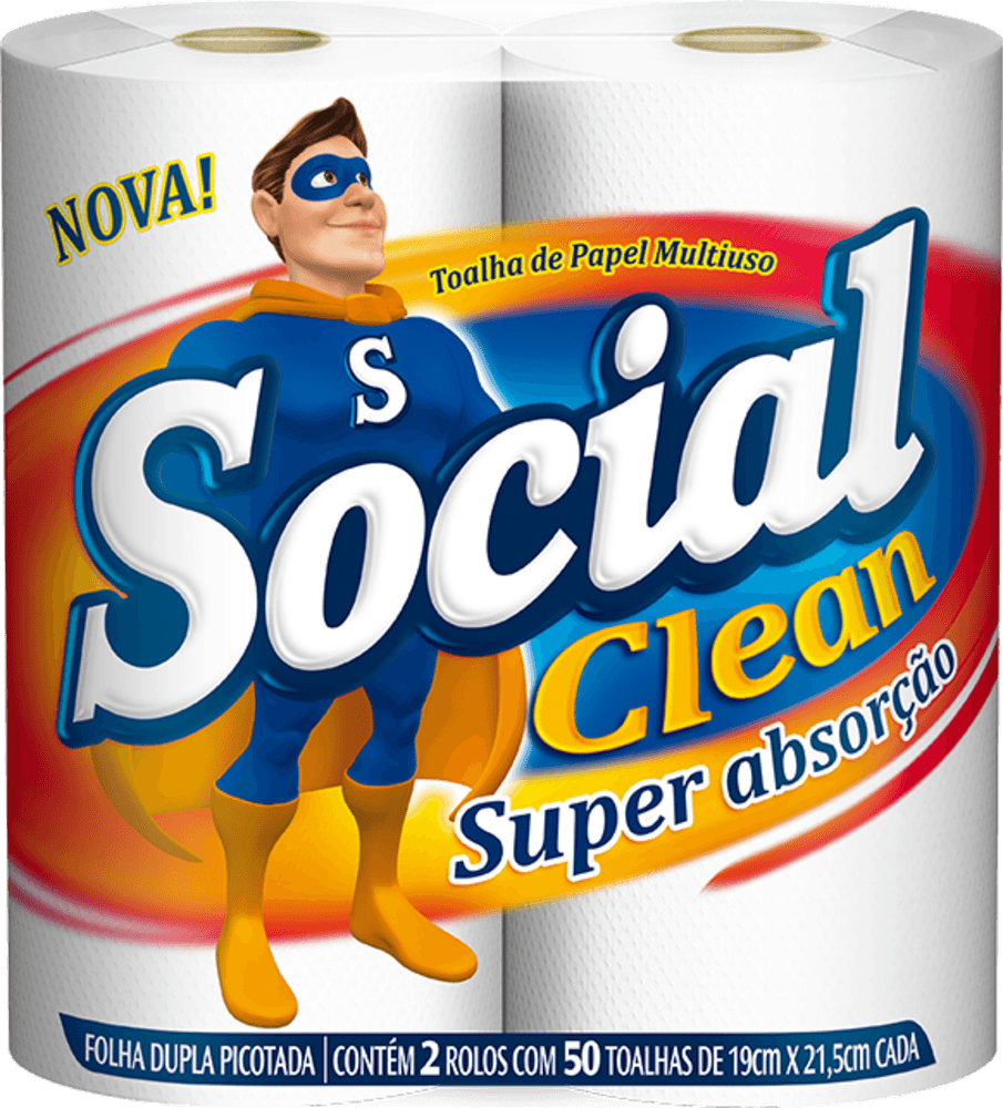 Toalha de Papel Folha Dupla Multiuso Social Clean Super Absorção 19cm x 21,5cm 2 Unidades