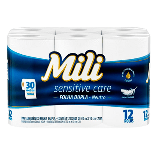 Papel-Higienico-Mili-Sensitive-Care-Folha-Dupla-Neutro-30-Metros-Embalagem-Economica-12-Unidades Papel-Higienico-Mili-Sensitive-Care-Folha-Dupla-Neutro-30-Metros-Embalagem-Economica-12-Unidades