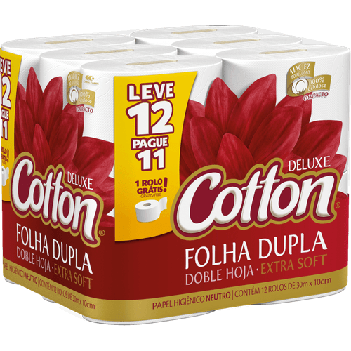 Papel-Higienico-Folha-Dupla-Deluxe-Cotton-30m-Pacote-Leve-12-Pague-11-Unidades Papel-Higienico-Folha-Dupla-Deluxe-Cotton-30m-Pacote-Leve-12-Pague-11-Unidades