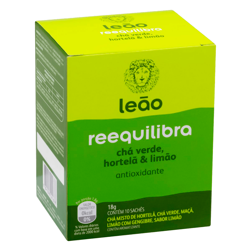 Chá Misto Verde de Hortelã, Maçã e Limão com Gengibre Antioxidante Leão Reequilibra Caixa 18g 10 Unidades