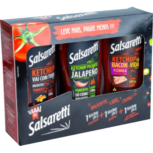 Kit-Ketchup-Tradicional---Jalapeño---Bacon-e-Cebola-Caramelizada-Salsaretti-380g-Cada-Leve-Mais-Pague-Menos Kit-Ketchup-Tradicional---Jalapeño---Bacon-e-Cebola-Caramelizada-Salsaretti-380g-Cada-Leve-Mais-Pague-Menos