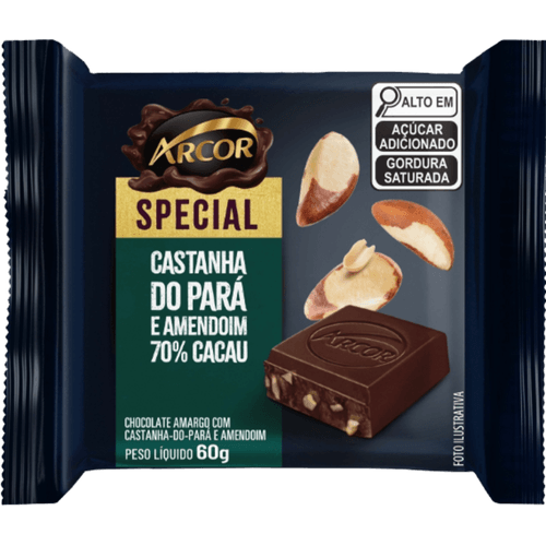 Chocolate-Amargo-70--Cacau-com-Castanha-do-Para-e-Amendoim-Arcor-Special-Pacote-60g Chocolate-Amargo-70--Cacau-com-Castanha-do-Para-e-Amendoim-Arcor-Special-Pacote-60g