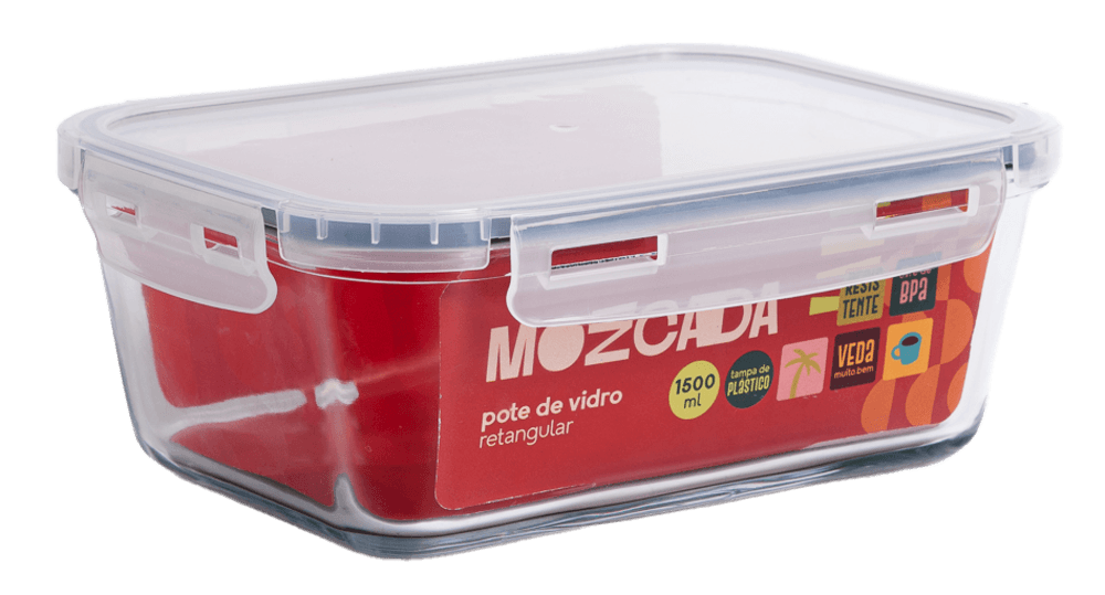 POTE 1500ML HERMÉTICO DE VIDRO COM TAMPA DE PLÁSTICO RETANGULAR - MOZCADA