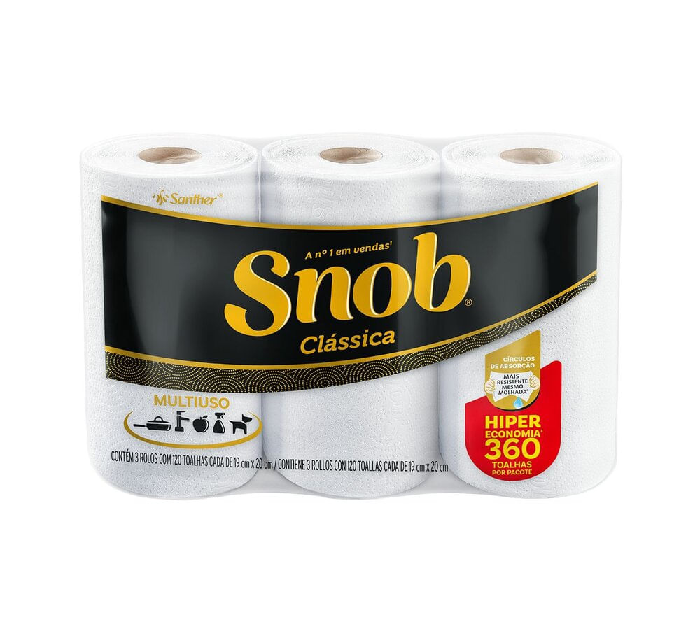 Papel Toalha Snob Multiuso Folha Dupla Hiper com 3 rolos de 120 folhas