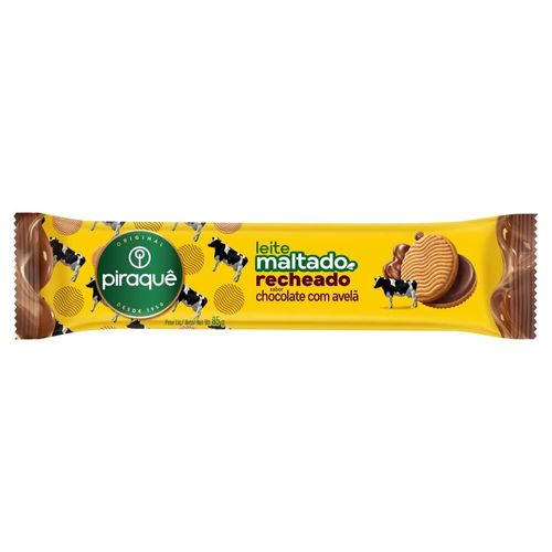 Biscoito-Leite-Maltado-Recheio-Chocolate-com-Avela-Piraque-Pacote-85g Biscoito-Leite-Maltado-Recheio-Chocolate-com-Avela-Piraque-Pacote-85g