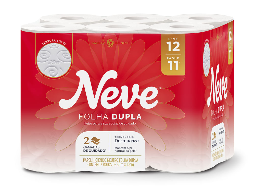 Papel Higiênico Neve Toque de Seda Folha Dupla Neutro 30M Leve 12 Pague 11 Rolos