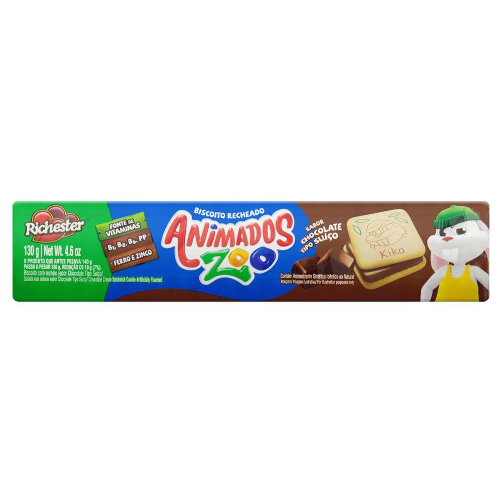 Biscoito Recheio Chocolate Tipo Suíço Richester Animados Zoo Pacote 130g