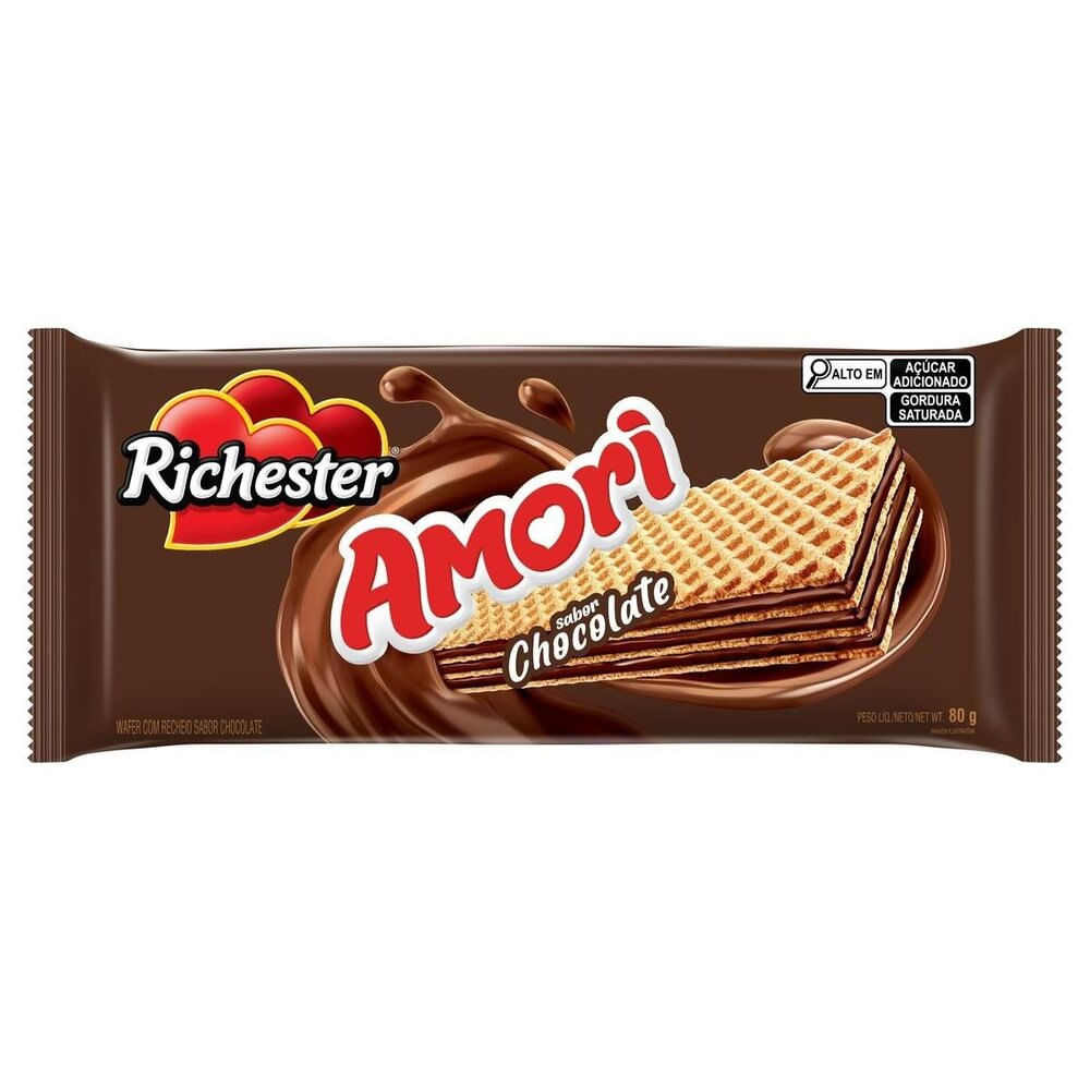 Biscoito Wafer Recheio Chocolate Richester Amori Pacote 80g