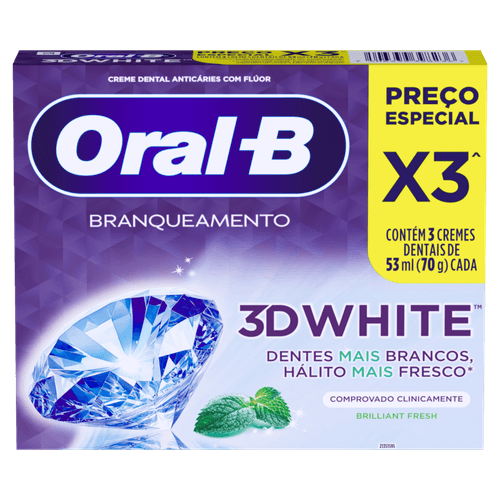 Creme-Dental-Anticarie-com-Fluor-Oral-B-3D-White-Brilliant-Fresh-Caixa-70g-Cada-Leve-3-Pague-2-Unidades Creme-Dental-Anticarie-com-Fluor-Oral-B-3D-White-Brilliant-Fresh-Caixa-70g-Cada-Leve-3-Pague-2-Unidades
