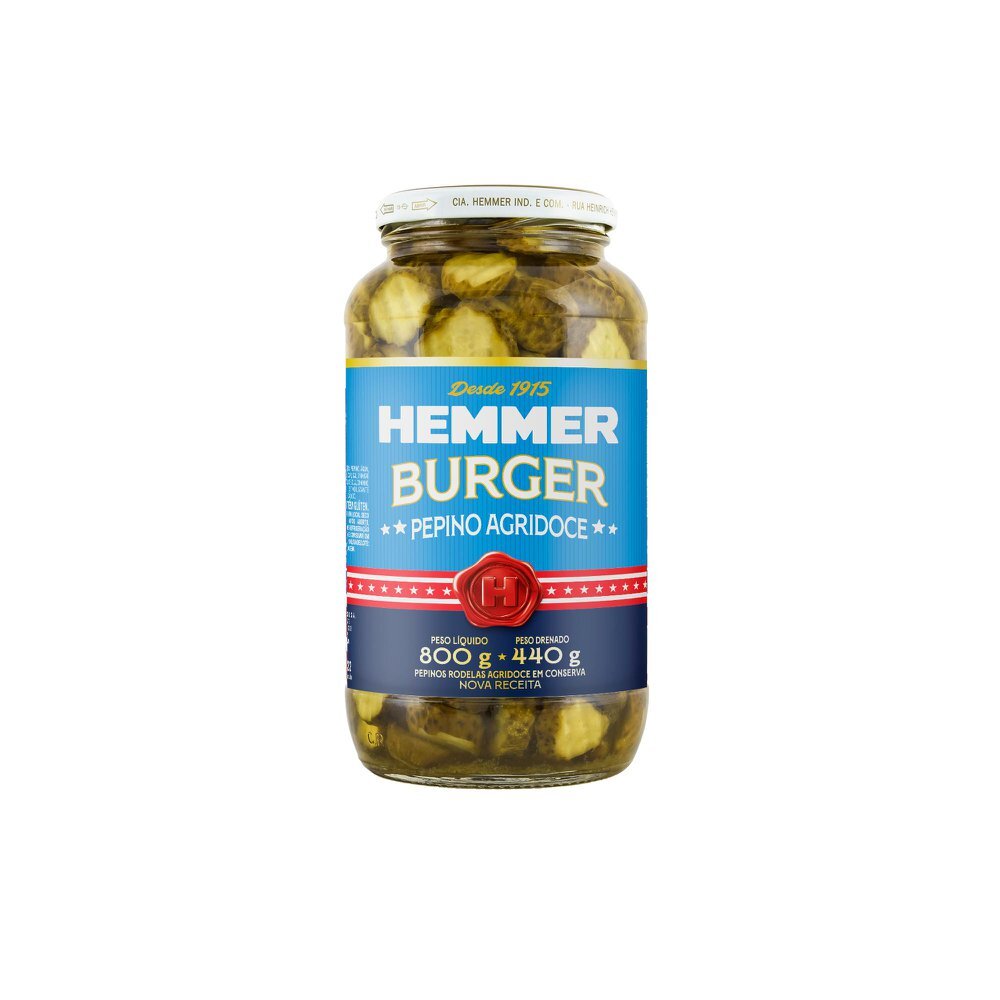 Pepino em Conserva em Rodelas Agridoce Hemmer Burgers Vidro Peso Líquido 800g Peso Drenado 440g