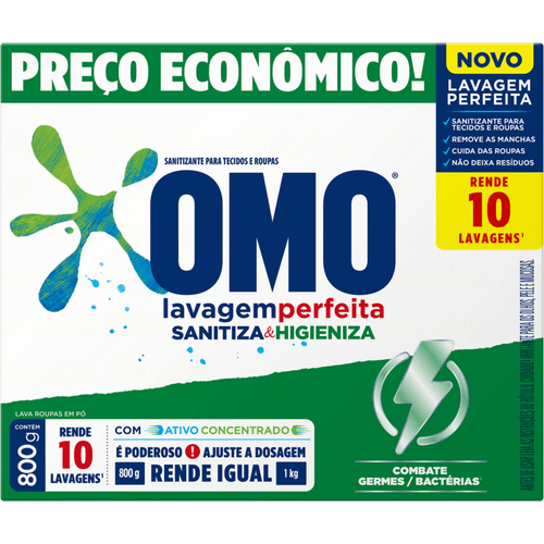 Lava-Roupas-em-Po-com-Ativo-Concentrado-Omo-Lavagem-Perfeita-Sanitiza---Higieniza-Caixa-800g-Preco-Economico