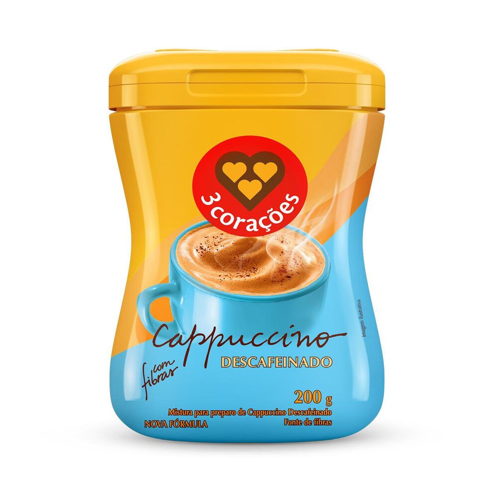 Cappuccino Solúvel Descafeinado 3 Corações Pote 200g