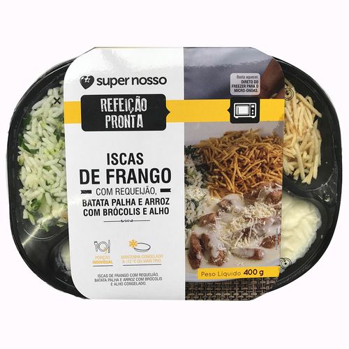 Refeição Pronta Super Nosso Iscas de Frango com Requeijão, Arroz com Brócolis e Batata Palha 400g