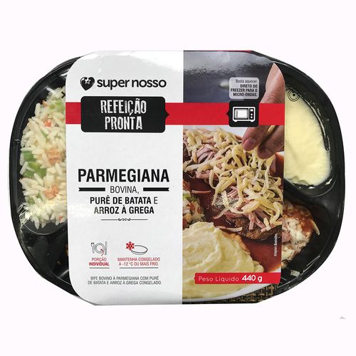 Refeição Pronta Super Nosso Bife Parmegiana Bovina, Purê de Batata e Arroz A Grega 420g