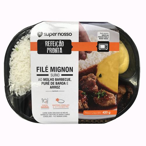Refeição Pronta Super Nosso Filé Mignon Suíno ao Molho Barbecue, Purê de Baroa e Arroz 420g