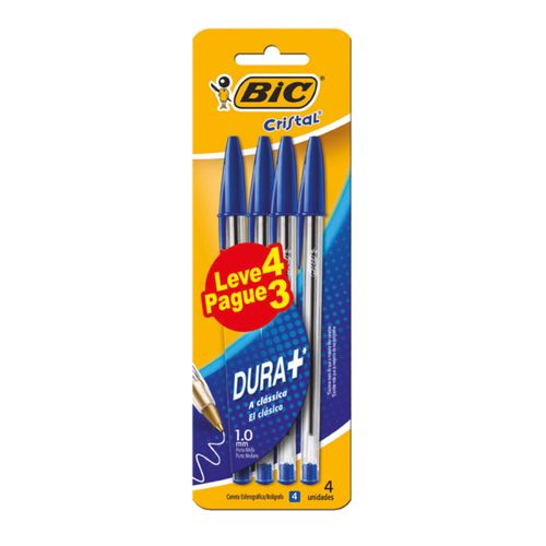 Caneta Esferográfica Azul 1,0mm Ponta Média Dura + Bic Cristal Leve 4 Pague 3 Unidades