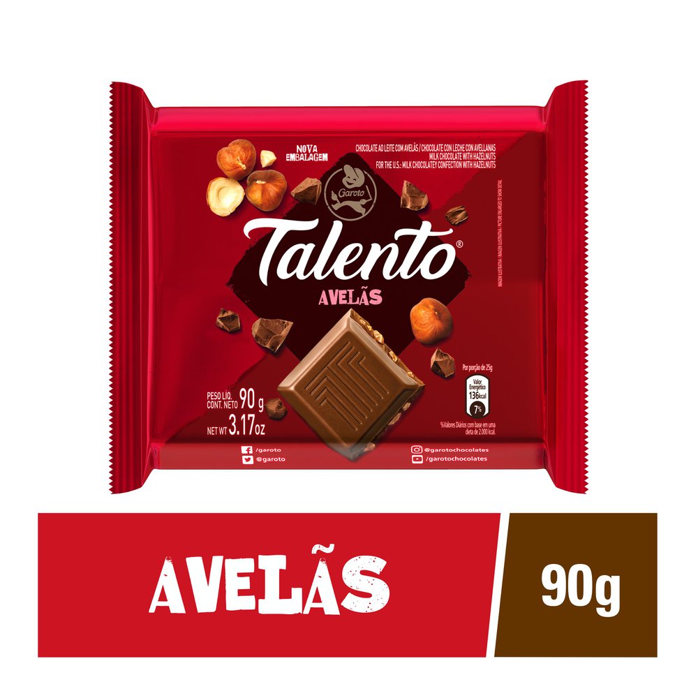 Chocolate GAROTO TALENTO ao Leite com Avelãs 90g Apoio Entrega