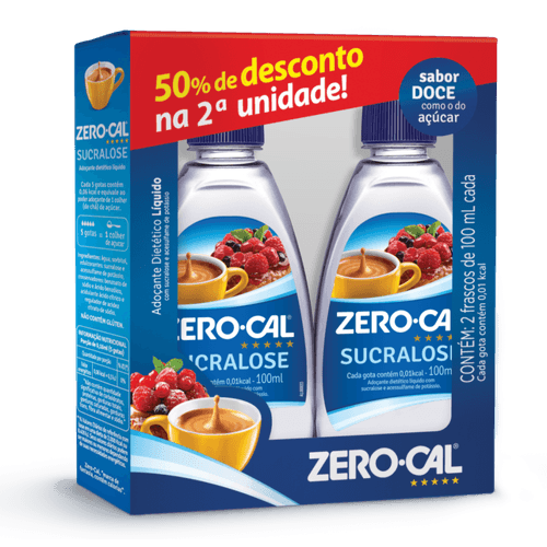 Pack Adoçante Líquido Sucralose Zero Cal Frasco 200ml 2 Unidades Grátis 50% Desconto na Segunda Unidade