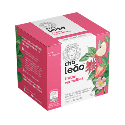 Chá Misto de Frutas Vermelhas Hibisco, Maçã, Rosa Silvestre, Estévia e Morango Chá Leão Caixa 16g 10 Unidades