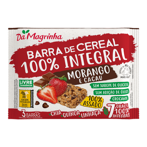 Barra de Cereal Integral Morango e Cacau Chia, Quinoa e Linhaça Da Magrinha 3 Unidades