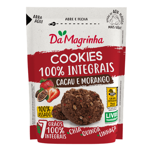Biscoito Cookie com 7 Grãos Integral Cacau e Morango Da Magrinha Pouch 150g