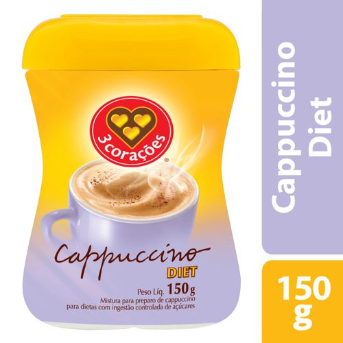 Mistura para Preparo de Cappuccino Solúvel Diet para Dietas com Ingestão Controlada de Açúcares sem Adição de Açúcar 3 Corações Pote 150g