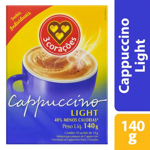 Mistura para Preparo de Cappuccino Solúvel Light 3 Corações Caixa 140g 10 Unidades de 14g Cada