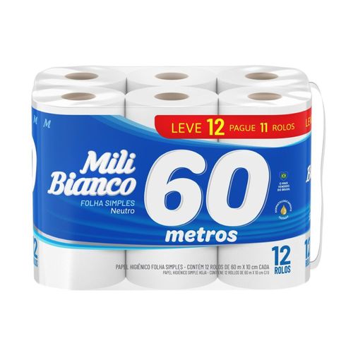 Papel-Higienico-Mili-Bianco-Folha-Simples-60-Metros-Embalagem-Economica-12-Unidades