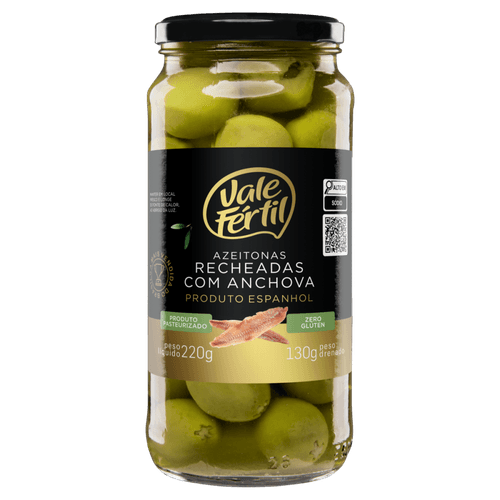 Azeitona-Verde-em-Conserva-Recheio-Anchova-Vale-Fertil-Vidro-Peso-Liquido-220g-Peso-Drenado-130g Azeitona-Verde-em-Conserva-Recheio-Anchova-Vale-Fertil-Vidro-Peso-Liquido-220g-Peso-Drenado-130g