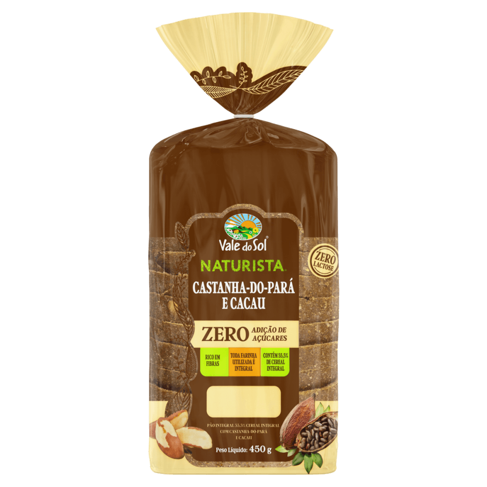 Pão Integral 55,5% Cereal Integral com Castanha-do-Pará e Cacau Zero Lactose sem Adição de Açúcar Vale do Sol Naturista Pacote 450g