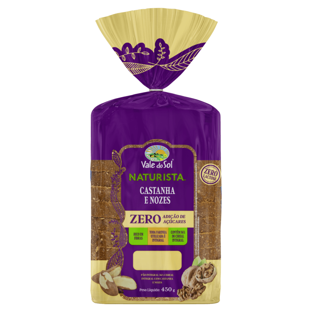 Pão Integral 56% Cereal com Castanha e Nozes Zero Lactose sem Adição de Açúcar Vale do Sol Naturista Pacote 450g