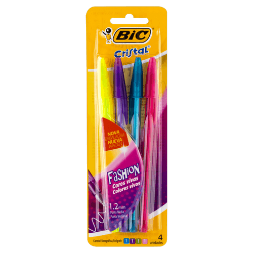 Caneta-Esferografica-12mm-Ponta-Media-Fashion-Bic-Cristal-4-Unidades Caneta-Esferografica-12mm-Ponta-Media-Fashion-Bic-Cristal-4-Unidades