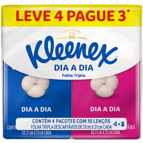 Pack-Lenco-de-Papel-Folha-Tripla-Descartavel-Kleenex-Dia-a-Dia-Pacote-Leve-4-Pague-3-Unidades-de-10-Lencos-Cada