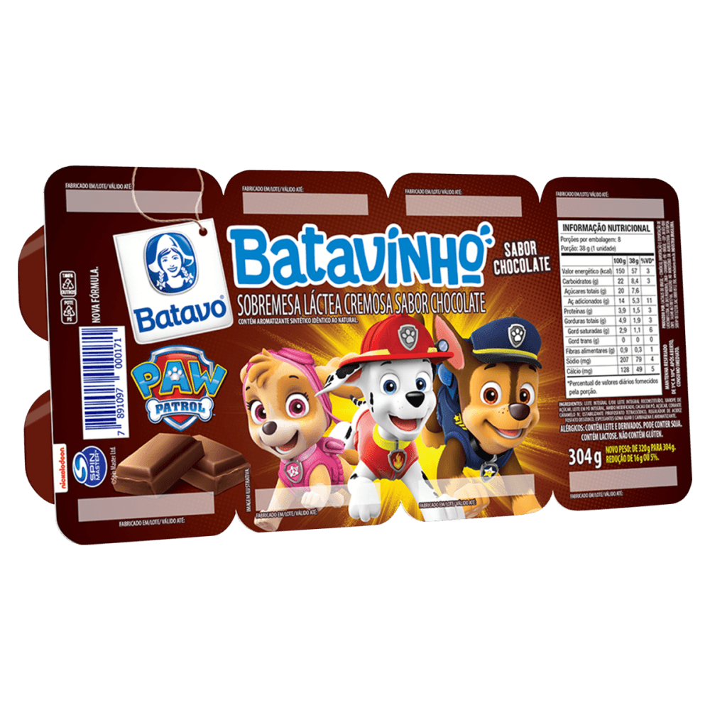 Sobremesa Láctea Cremosa Chocolate Paw Patrol Batavo Batavinho Bandeja 304g 8 Unidades de 38g Cada