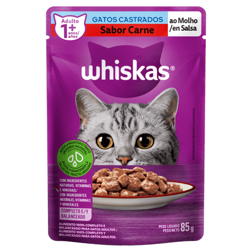 Alimento-100--Completo-e-Balanceado-para-Gatos-Castrados-Adultos-Carne-ao-Molho-Whiskas-Sache-85g