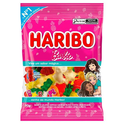 Bala-de-Gelatina-Sortidas-de-Frutas-Barbie-e-Ursinhos-de-Ouro-Haribo-Pacote-80g