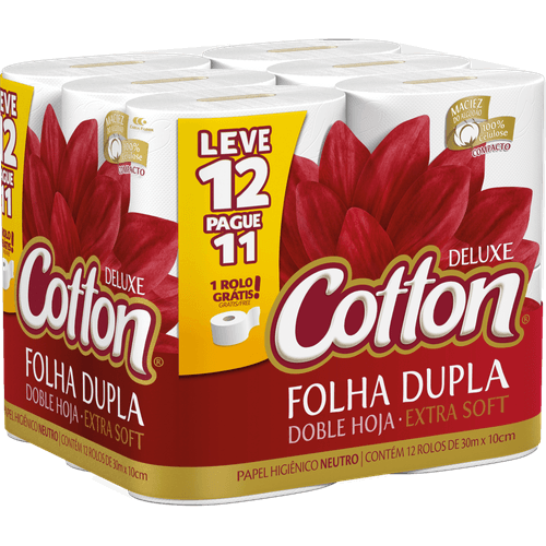 Papel-Higienico-Folha-Dupla-Deluxe-Cotton-30m-Pacote-Leve-12-Pague-11-Unidades