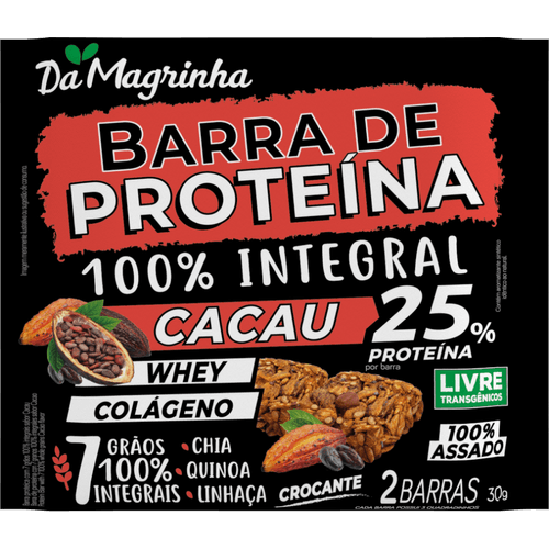 Barra-de-Proteina-7-Graos-100--Integral-Cacau-Da-Magrinha-Pacote-30g-2-Unidades-com-3-Quadradinhos-Cada