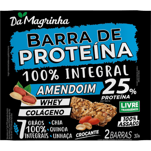 Barra-de-Proteina-7-Graos-100--Integral-Amendoim-Da-Magrinha-Pacote-30g-2-Unidades-com-3-Quadradinhos-Cada