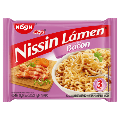 Macarrao-Instantaneo-Lamen-com-Tempero-de-Bacon-Nissin-Miojo-Pacote-85g-Sendo-80g-de-Macarrao-e-5g-de-Tempero Macarrao-Instantaneo-Lamen-com-Tempero-de-Bacon-Nissin-Miojo-Pacote-85g-Sendo-80g-de-Macarrao-e-5g-de-Tempero
